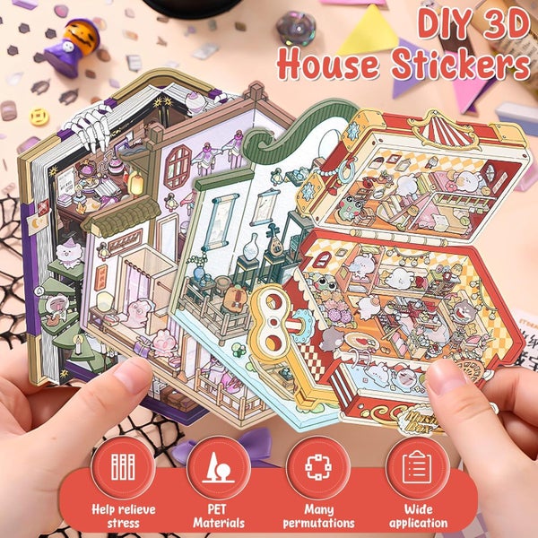 8 Pcs DIY 3D House Stickers, 3D Sticker Miniature Scene, Cartoon Miniature Sce Carousel 2