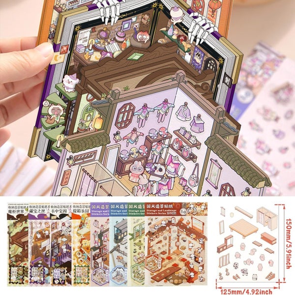 8 Pcs DIY 3D House Stickers, 3D Sticker Miniature Scene, Cartoon Miniature Sce Carousel 8