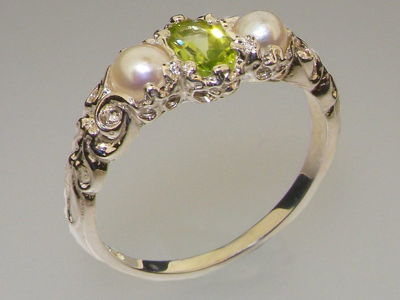 Gold Natural Peridot & Pearl Womens Ring - Hallmarked 9k White Gold Carousel 1