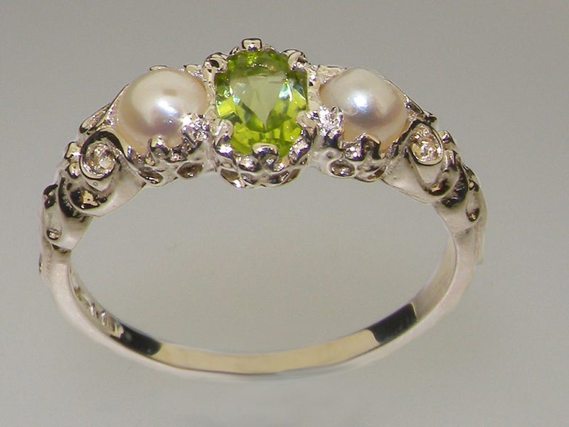 Gold Natural Peridot & Pearl Womens Ring - Hallmarked 9k White Gold Carousel 2