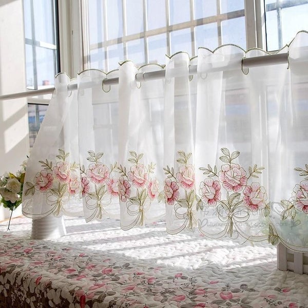 Rose Embroidery Gold Line lace Home Kitchen window white Sheer Cafe Curtain Carousel 1