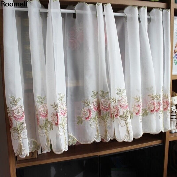 Rose Embroidery Gold Line lace Home Kitchen window white Sheer Cafe Curtain Carousel 2