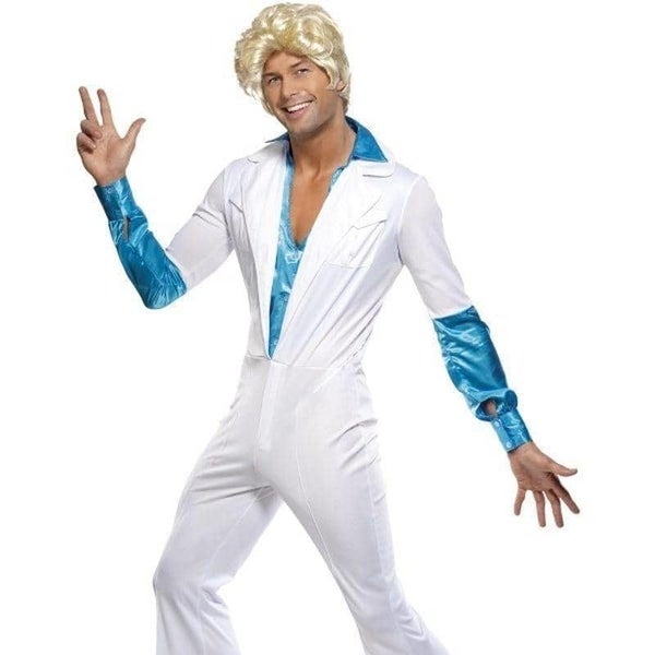 70s Disco Man Costume Adult White Blue Jumpsuit Carousel 1