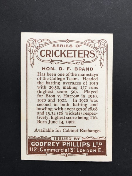 1924 Cricketers Hon D.F Brand Godfrey Phillips Large Cigarette Card Carousel 2