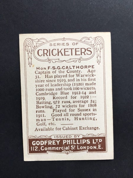 1924 Cricketers Hon F.S.G Calthorpe Godfrey Phillips Large Cigarette Card Carousel 2