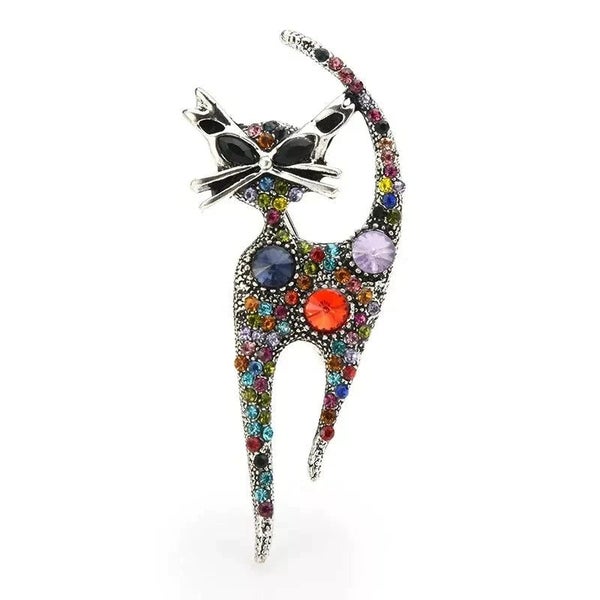 Vintage Rhinestone Cat Brooch Multi Colour Metal Animal Pin Carousel 1