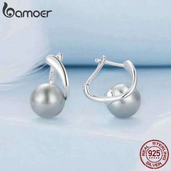 Womens 925 Sterling Silver Quality Shell Pearl Ear Buckles Elegant Hoop Earri... Carousel 2