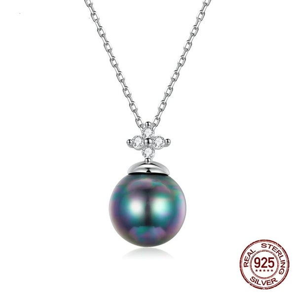 925 Sterling Silver Elegant Black Pearl Charm Necklace Shell Pearl Zircon Cha... Carousel 1