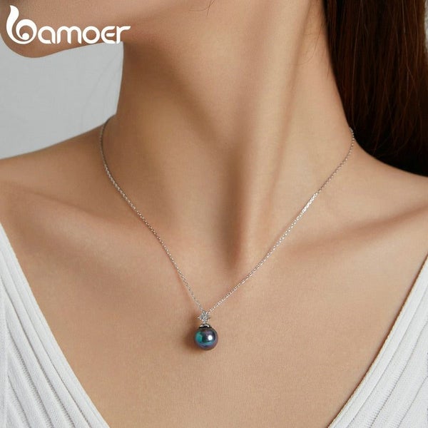 925 Sterling Silver Elegant Black Pearl Charm Necklace Shell Pearl Zircon Cha... Carousel 2