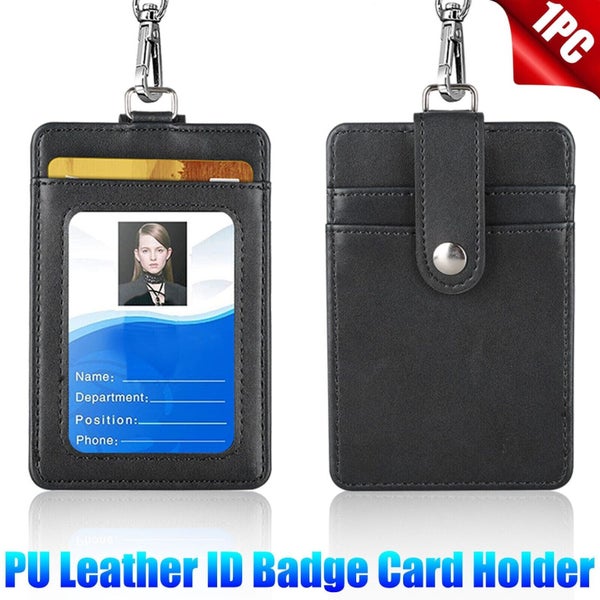 ID Badge Card Holder Pu Leather Vertical Clip Neck Strap Lanyard Necklace Case Carousel 1