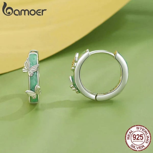 Womens 925 Sterling Silver Mint Green Butterfly Ear Buckles Elegant Hoop Earr... Carousel 2