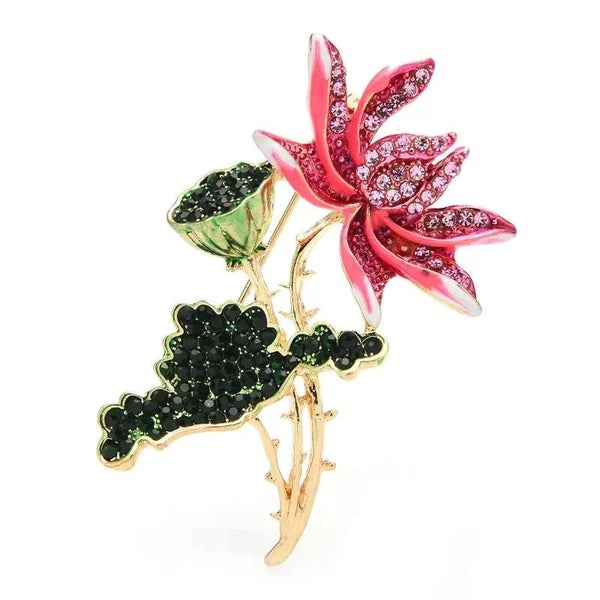 Enamel Lotus Flower Brooch Pink Rhinestone Lotus Root Pin Party Office Access... Carousel 1