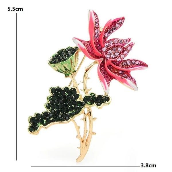 Enamel Lotus Flower Brooch Pink Rhinestone Lotus Root Pin Party Office Access... Carousel 2