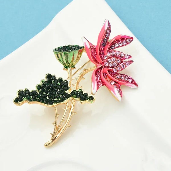 Enamel Lotus Flower Brooch Pink Rhinestone Lotus Root Pin Party Office Access... Carousel 3