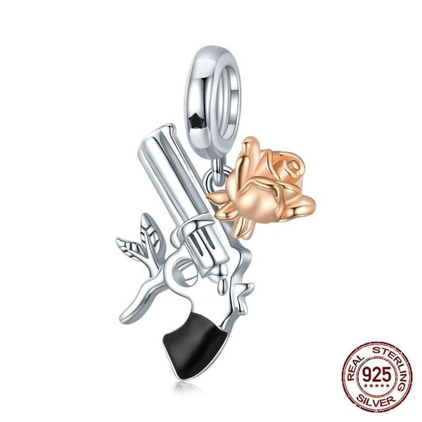 Gothic 925 Sterling Silver Rose And Pistol Cowboy Charm Pendant For Bracelet ... Carousel 1