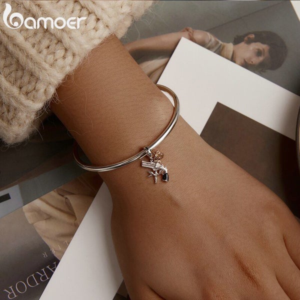 Gothic 925 Sterling Silver Rose And Pistol Cowboy Charm Pendant For Bracelet ... Carousel 2