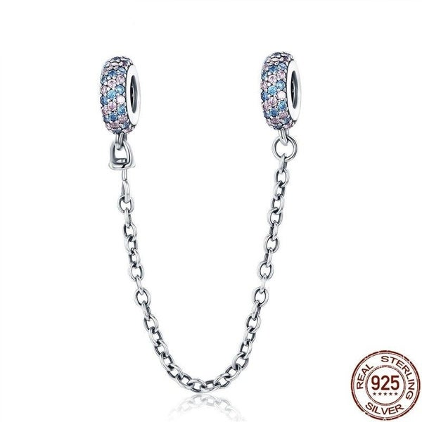 925 Sterling Silver Pink And Blue Cz Round Safety Chain Charm Carousel 1