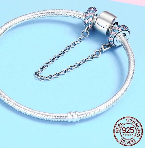 925 Sterling Silver Pink And Blue Cz Round Safety Chain Charm Carousel 2