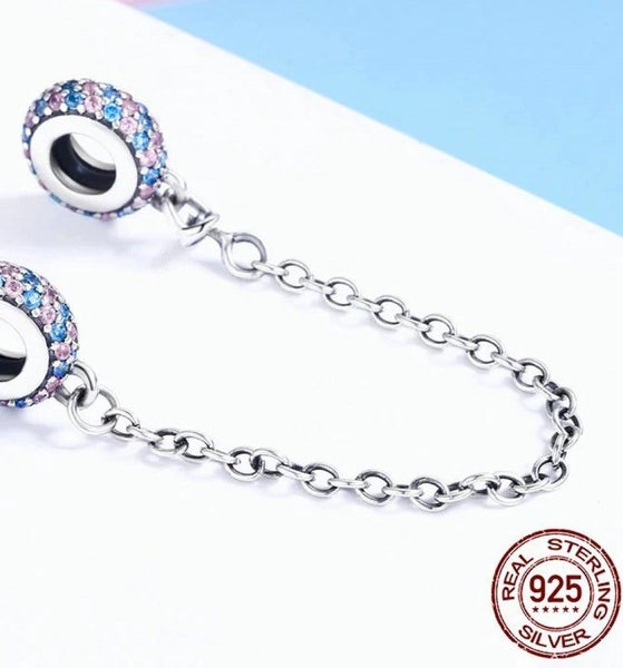 925 Sterling Silver Pink And Blue Cz Round Safety Chain Charm Carousel 4