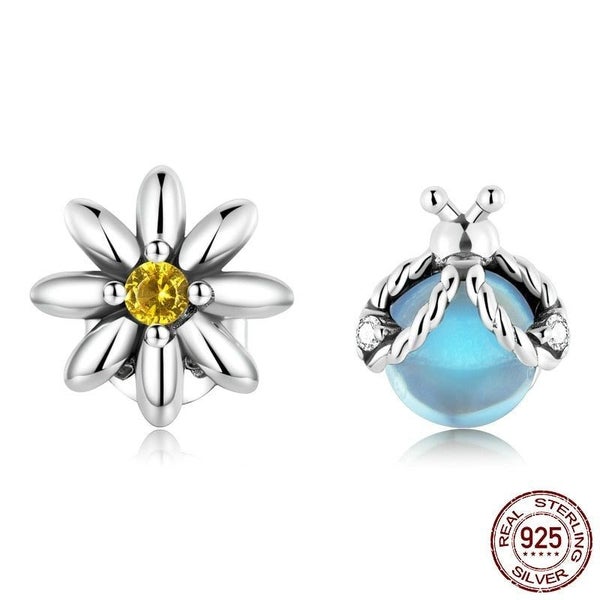 925 Sterling Silver Daisy & Ladybug Asymmetrical Design Stud Earrings for Women Carousel 1