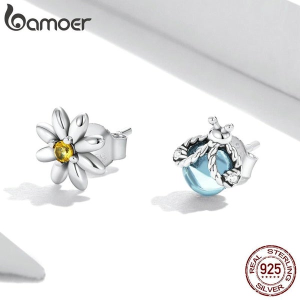 925 Sterling Silver Daisy & Ladybug Asymmetrical Design Stud Earrings for Women Carousel 2