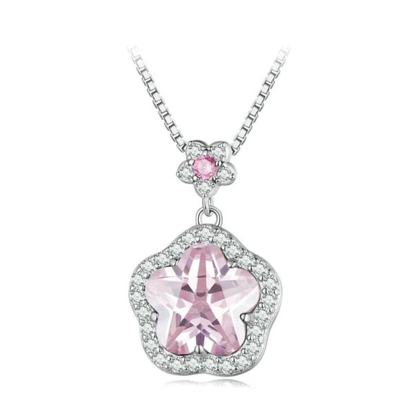 Womens 925 Sterling Silver Pink Flower Pendant Necklace Little Star Neck Chai... Carousel 1