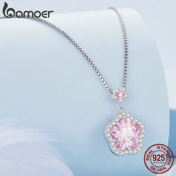 Womens 925 Sterling Silver Pink Flower Pendant Necklace Little Star Neck Chai... Carousel 2