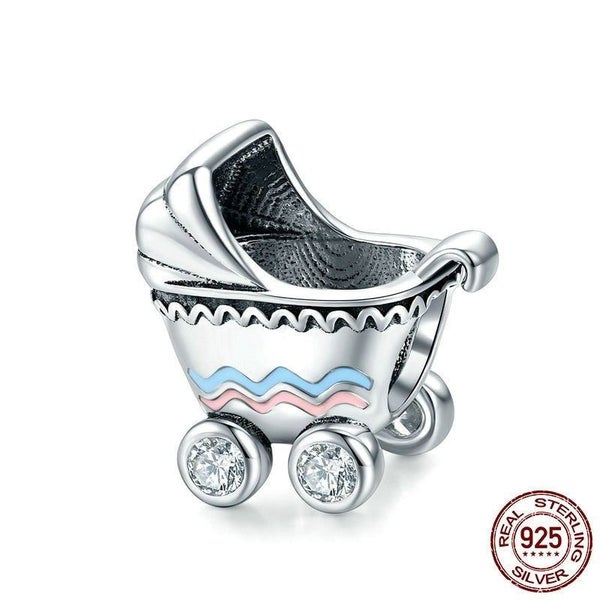 925 Sterling Silver Life Baby Carriage Metal Beads Charm For Bracelet Baby An... Carousel 1