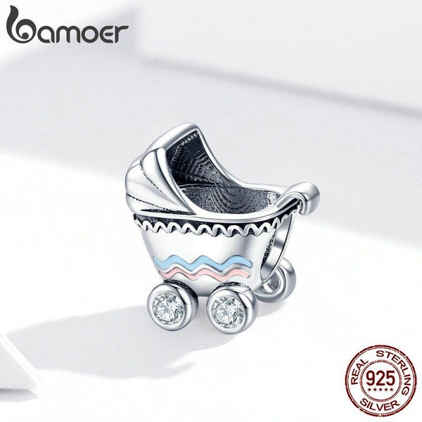 925 Sterling Silver Life Baby Carriage Metal Beads Charm For Bracelet Baby An... Carousel 2