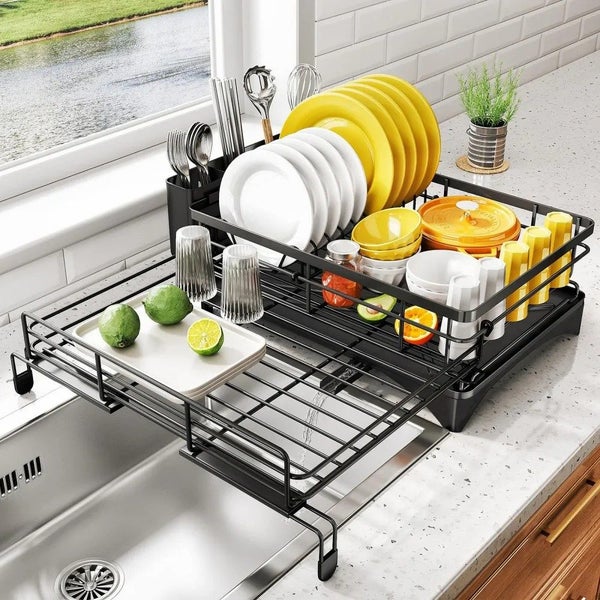 Expandable Dish Bowl Storage Rack Sink Drainer Kitchen Plate Drying Holder Black Carousel 2