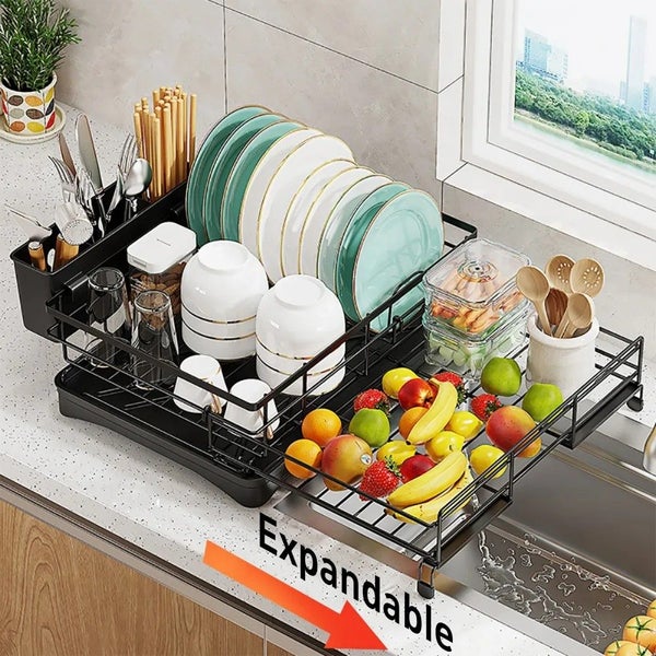 Expandable Dish Bowl Storage Rack Sink Drainer Kitchen Plate Drying Holder Black Carousel 1