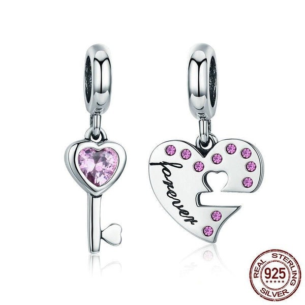 Romantic 925 Sterling Silver Lock Key Of Heart Pink Cz Charm Pendant Fit Char... Carousel 1