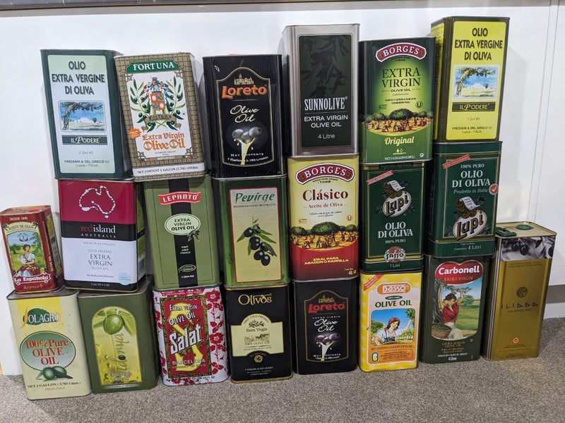 21 olive oil tins, mostly 3L or 4L Carousel 1