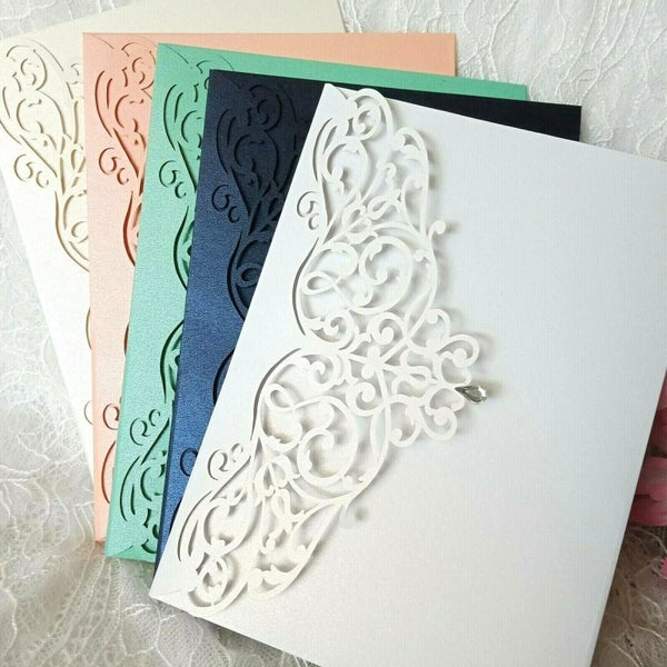 30x NEW Laser Cut Wedding Invitations Pocket Fold Invites with Envelope Carousel 1