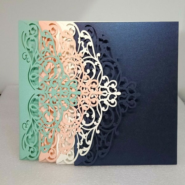 30x NEW Laser Cut Wedding Invitations Pocket Fold Invites with Envelope Carousel 2