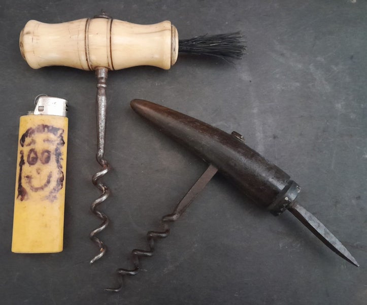 CORK SCREWS BONE HANDLED WITH END BRUSH . C 1880s PLUS HORN HANDLED 1890s Carousel 1