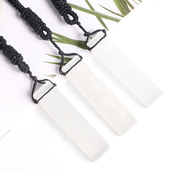 Selenite Pendant Necklace Protection Angel Stone Reiki Mind Black Cord Gift Carousel 2