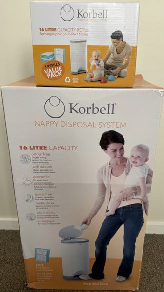 BRAND NEW Korbell 16L Nappy Bin & 3 x Refill Value Pack Carousel 1