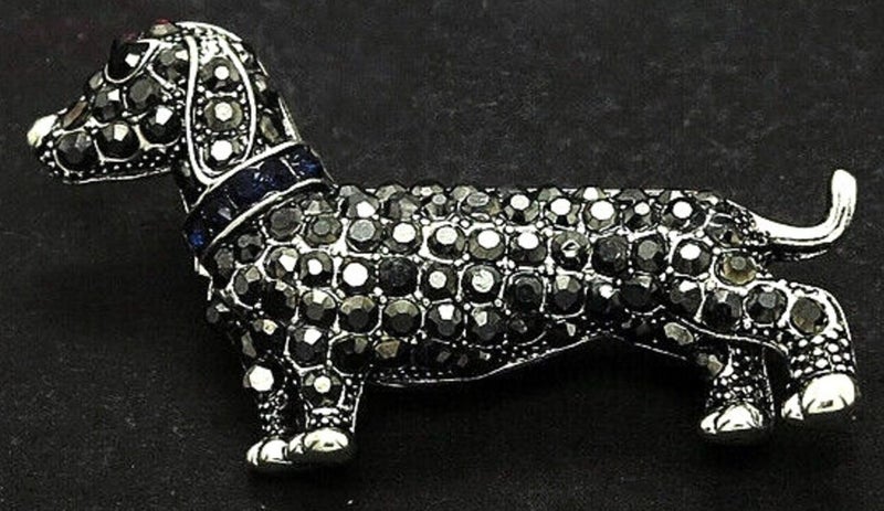 i) BETSEY JOHNSON BLACK CRYSTAL DACHSHUND DOG PIN - c1970's Carousel 1