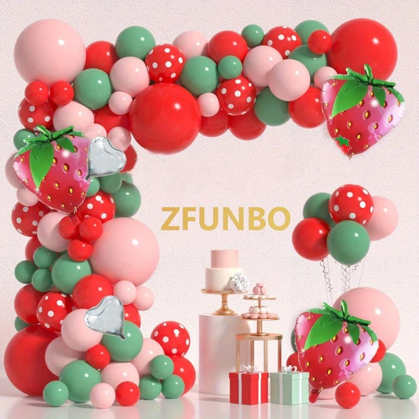 130Pcs Red And Green Strawberry Balloon Arch Kit Berry Sweet Birthday Party D... Carousel 2
