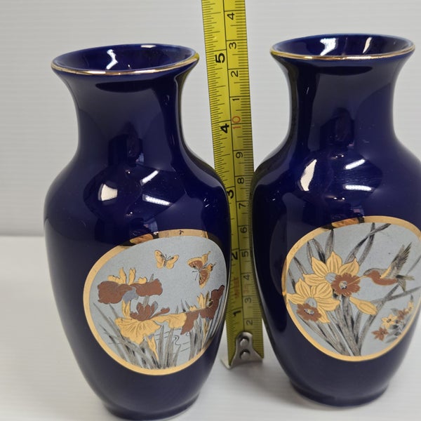 Vintage Pair Cobalt Blue Vases Daffidol Butterfly Hummingbird Fine China Japan62934714557955114
