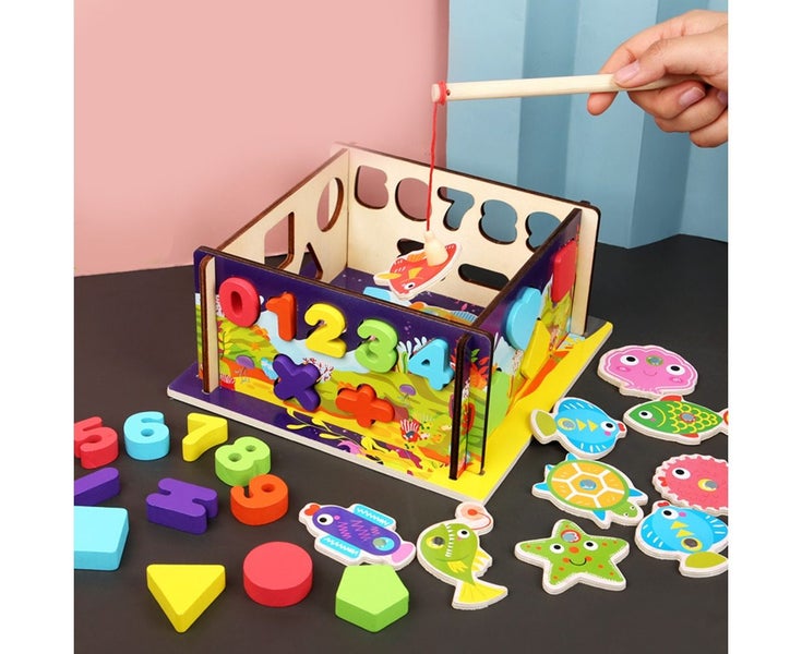 2 inWooden Geometric Number Puzzle Match Count Fishing Game Education Ki Carousel 1