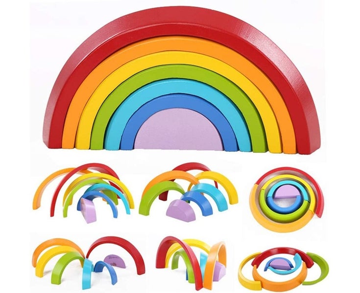 Montessori Wooden Rainbow Toy Colored Arch Bridge Blocks Set Shape Sorting Carousel 1
