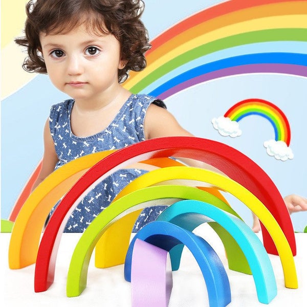 Montessori Wooden Rainbow Toy Colored Arch Bridge Blocks Set Shape Sorting Carousel 2