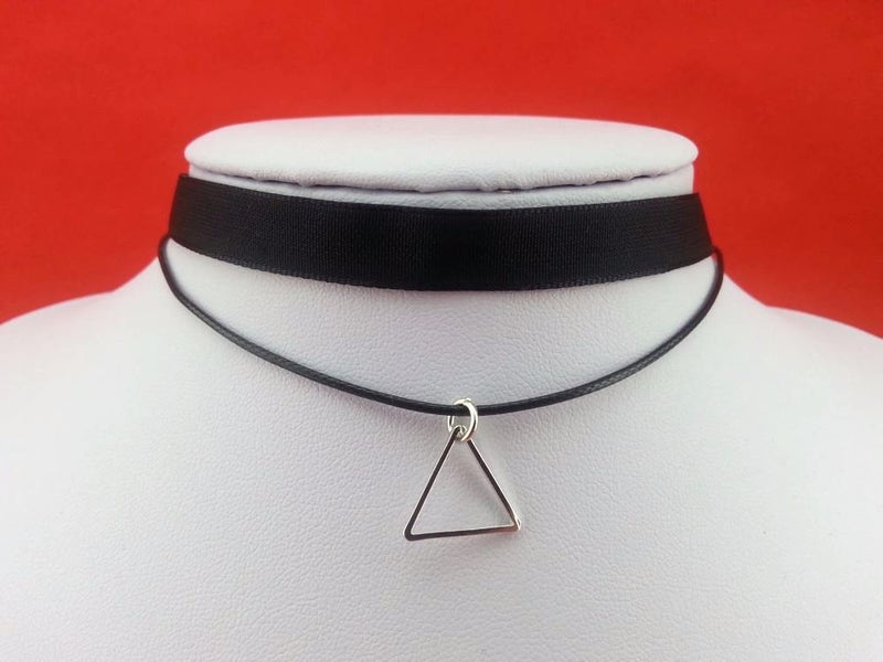 Black Choker Necklace with Silver Triangle Pendant | Adjustable 31-36cm Carousel 1