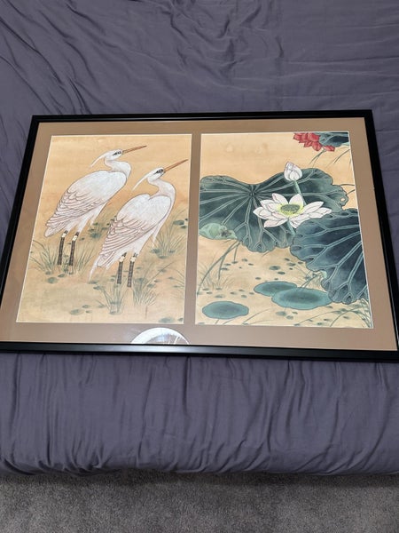 Framed Chinese Art Print - Cranes & White Lotus Carousel 2