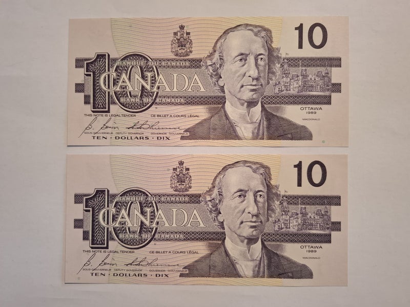 Canada $10 1989 consec pair Bonin-Thiessen UNC BDW prefix Carousel 1