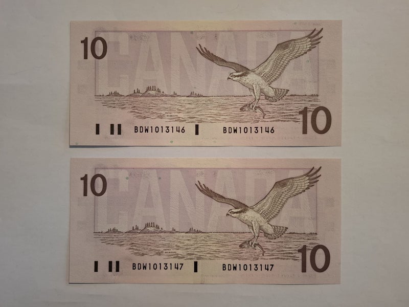 Canada $10 1989 consec pair Bonin-Thiessen UNC BDW prefix Carousel 2
