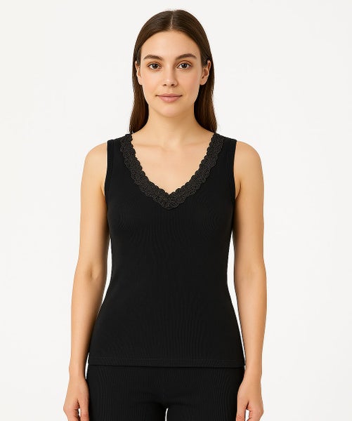 Womens Thermal Cotton Singlet Sleeveless Motif Top Base Layer Underwear in Black Carousel 1