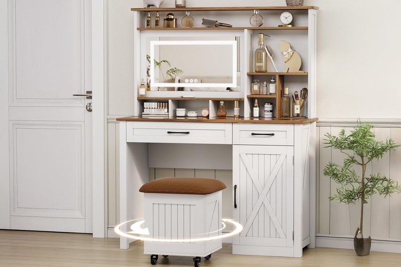 DAPHNE Tempered Glass Top Dressing Table with LED Mirror & Swivel Storage Stool Carousel 1